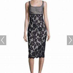 Monique Lhuillier Black and White Lace Floral Over Satin Cocktail Dress (NWOT)